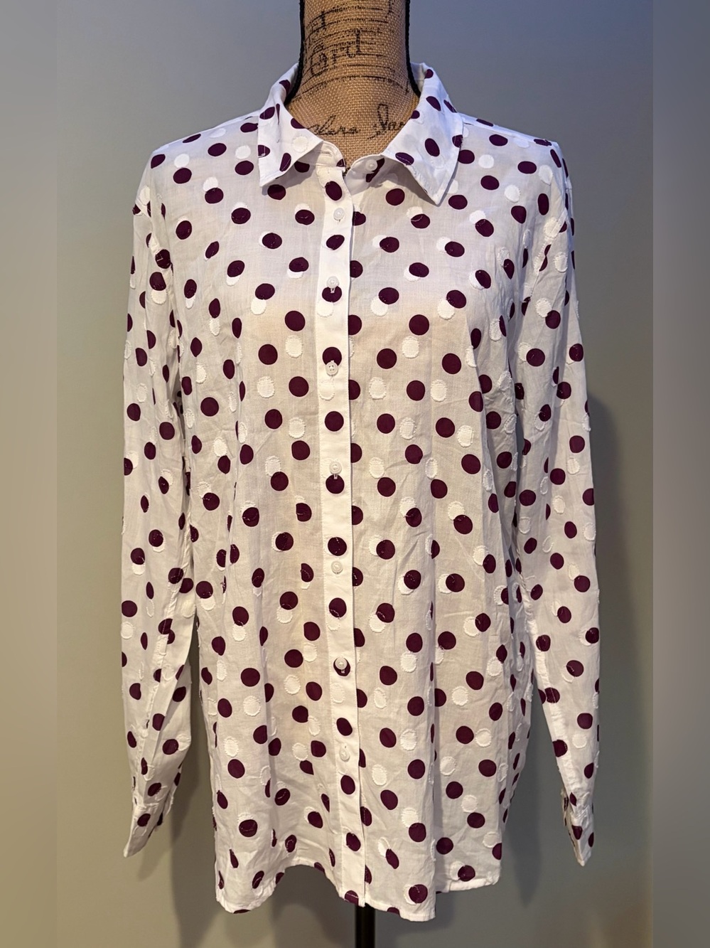 Talbots Cotton Button Front Shirt XL White Plum Polka Dot Long Sleeve Blouse